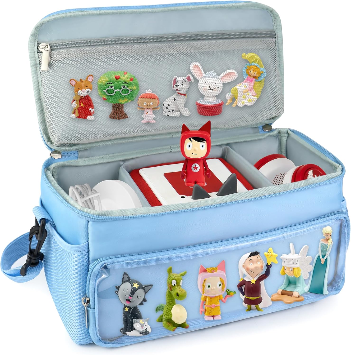 Carrying Case compatible with Toniebox 1 and 2, Multi-Compartment Storage Figures, Headphones and Charger, with Shoulder Strap (Blue)