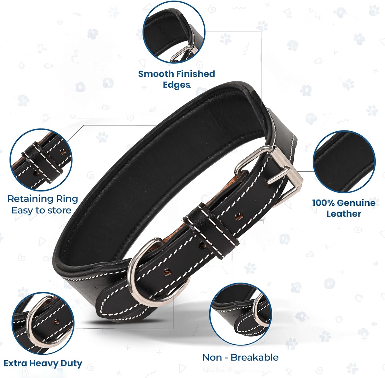 TARICO Adjustable Leather Dog Collar for All Breeds, Heavy Duty Pet Collar with Durable Metal Buckle - Small, Grey & Blue