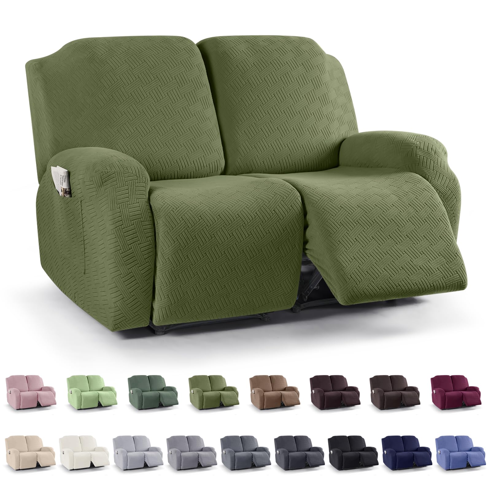 KinCam Recliner Covers, Stretch Reclining Chair Covers, Recliner Sofa Slipcovers Stripe Jacquard Recliner Couch Covers Furniture Protector Covers for Pet Kid (2 Seater, Olive Green)