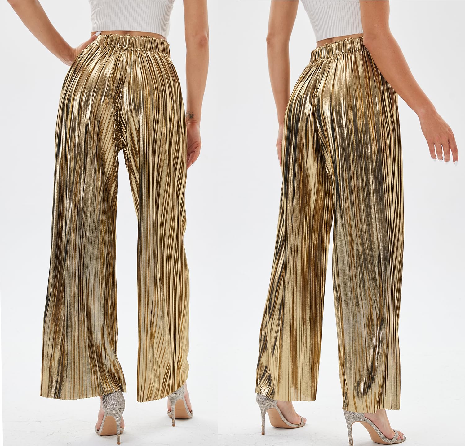 Fakanhui Pantaloni a palazzo da donna a gamba larga metallizzati oro argento casual abito da sera party clubwear pantaloni