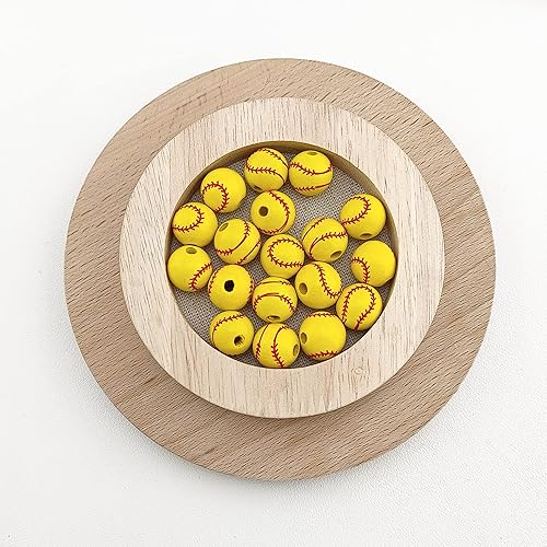 Miniatura 3 de Firstmeet Cuentas redondas de madera pintadas de 0.59 pulgadas, 60 unidadescaja de béisbol amarilla, cuentas sueltas para hacer joyas, cabello,