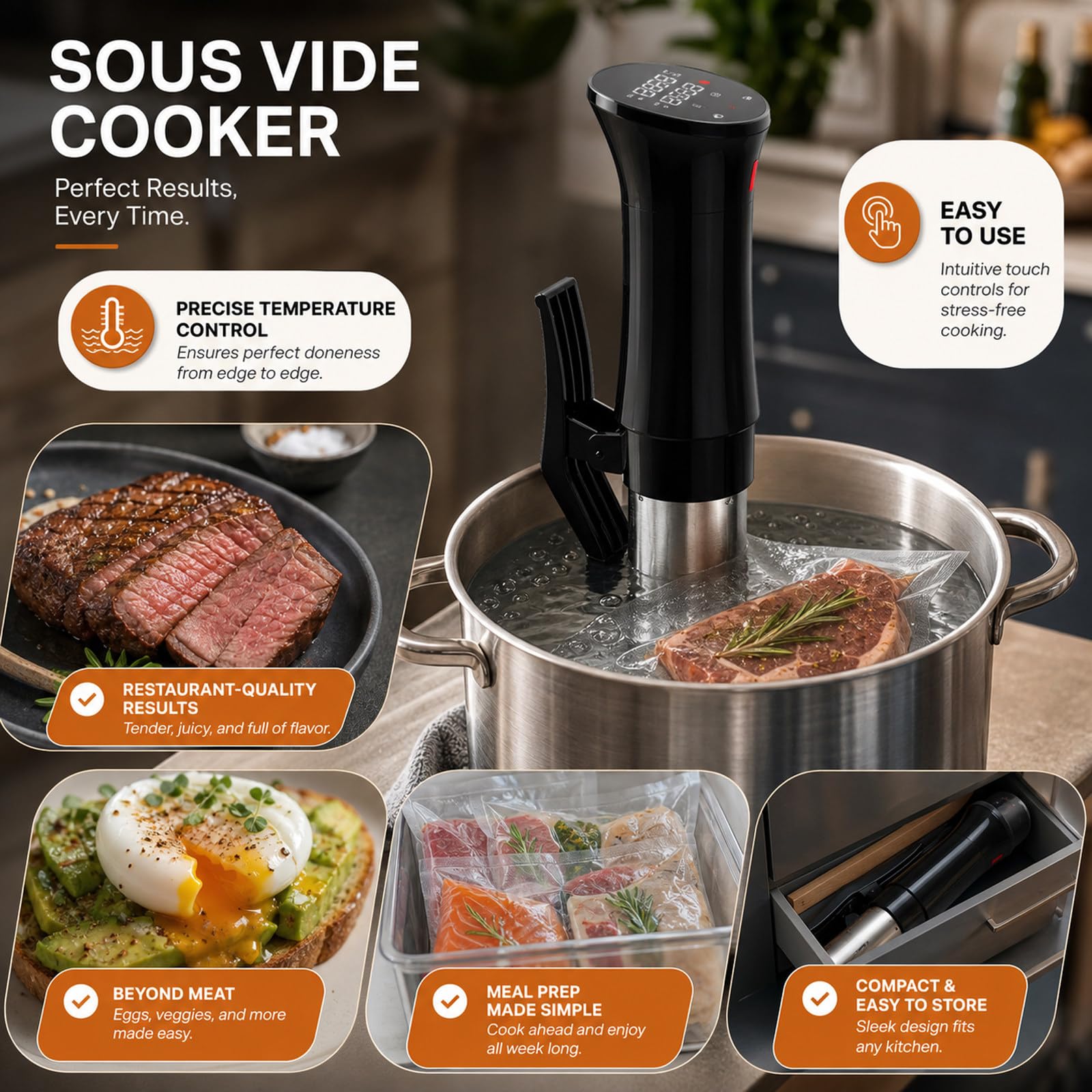 Cocedor Sous Vide, Máquina Sous Vide de inmersión, Acero Inoxidable 304 de Grado alimenticio, Ahorro de Espacio, Ideal para reuniones y Fiestas en casa
