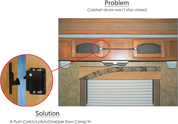 Camp'N 4 Pack RV Cabinet Door Latch - Easy to Install OEM RV Drawer Latches and Catches - Push Latch and Catch for Cabinets in Trailers and Motorhomes