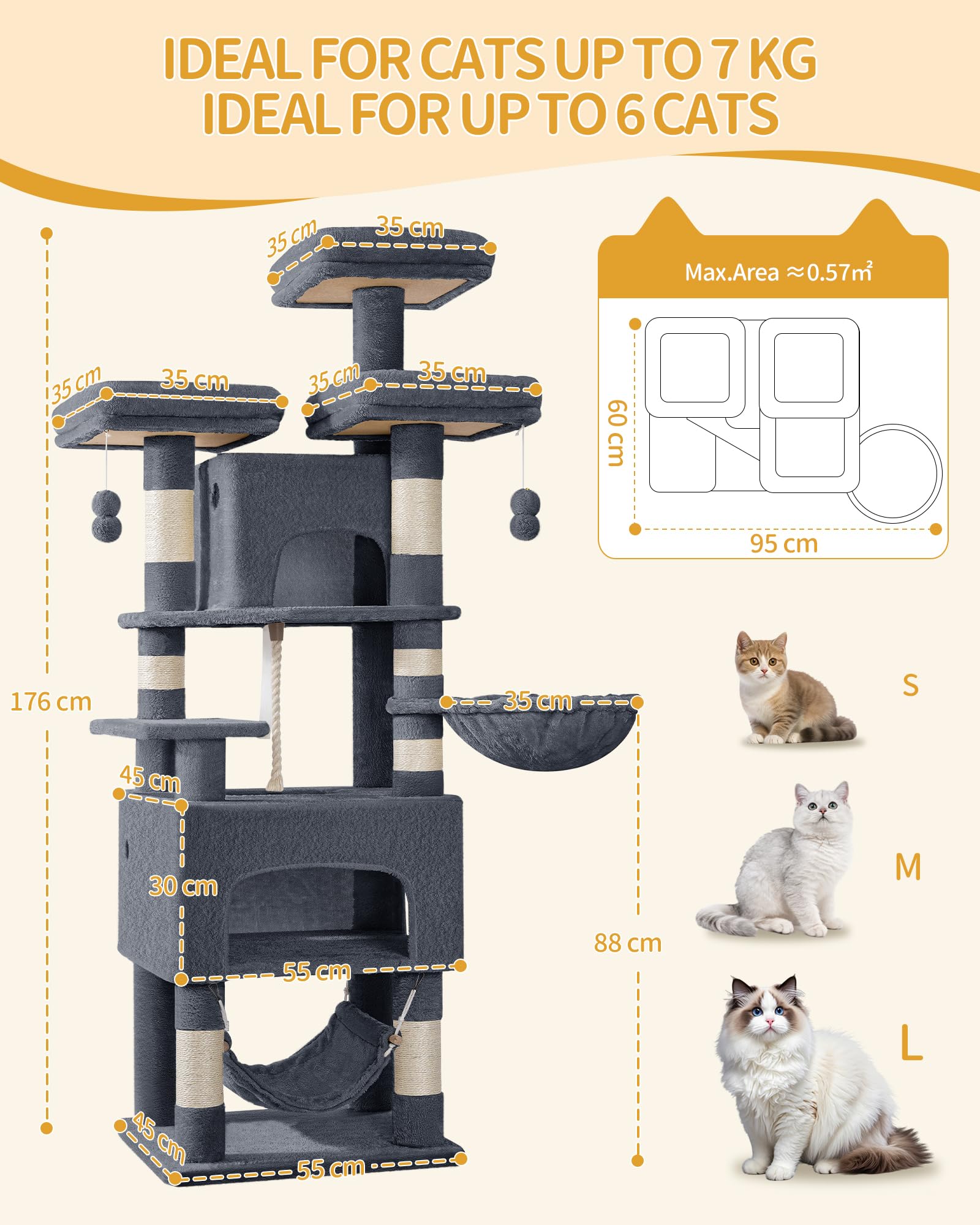 Hzuaneri Árbol para Gatos XXL 176 cm con 3 Plataformas, 2 Camas Cueva, 7 Postes de Sisal y Hamaca - Tiragraffos Robusto para Múltiples Gatos, Gris Oscuro MS17618SG
