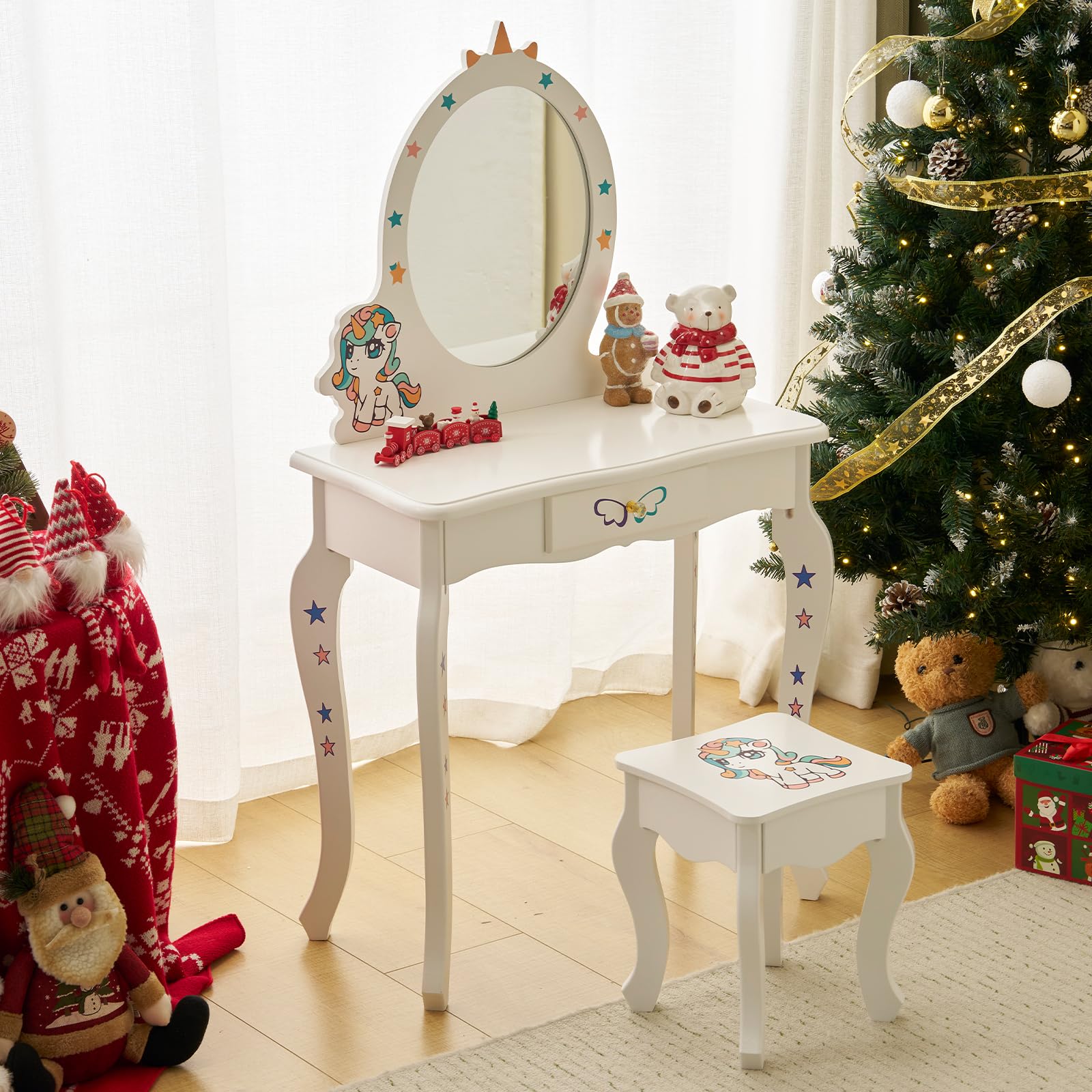 karl home kids vanity table and chair set princess vanity set with cute unicorn print amp stool pretend play makeup dressing table amp chair set wooden princess vanity table for toddlers white
