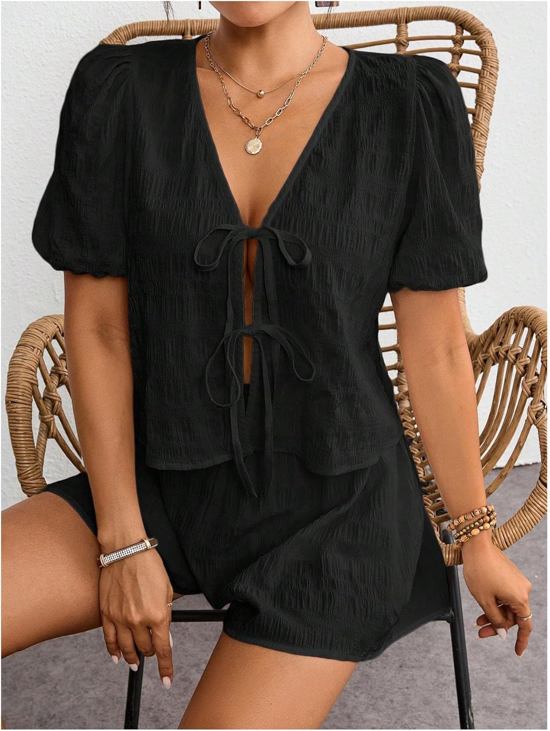 OYOANGLE Women's 2 Piece Outfits Textured Bow Tie Short Sleeve Blouse and Wide Leg Shorts Set - Image 5