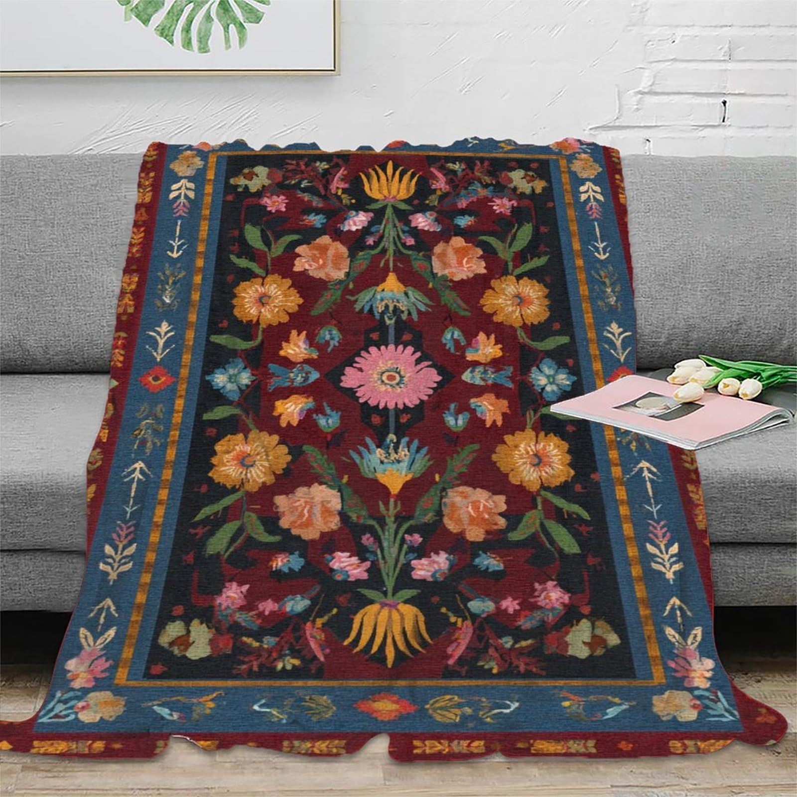 Arte popolare Manta Estampada 3D Floral And Geometricoo Shapes Colcha De Diseño Ropa De Cama De Microfibra Suave Y Cálida Sofá Ropa De Cama 80x90inch(200x230cm)