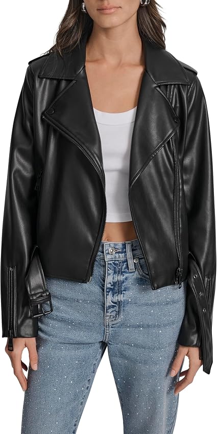 DKNY Women's Long Sleeve Faux Leather Jacket, Black : Amazon.sg