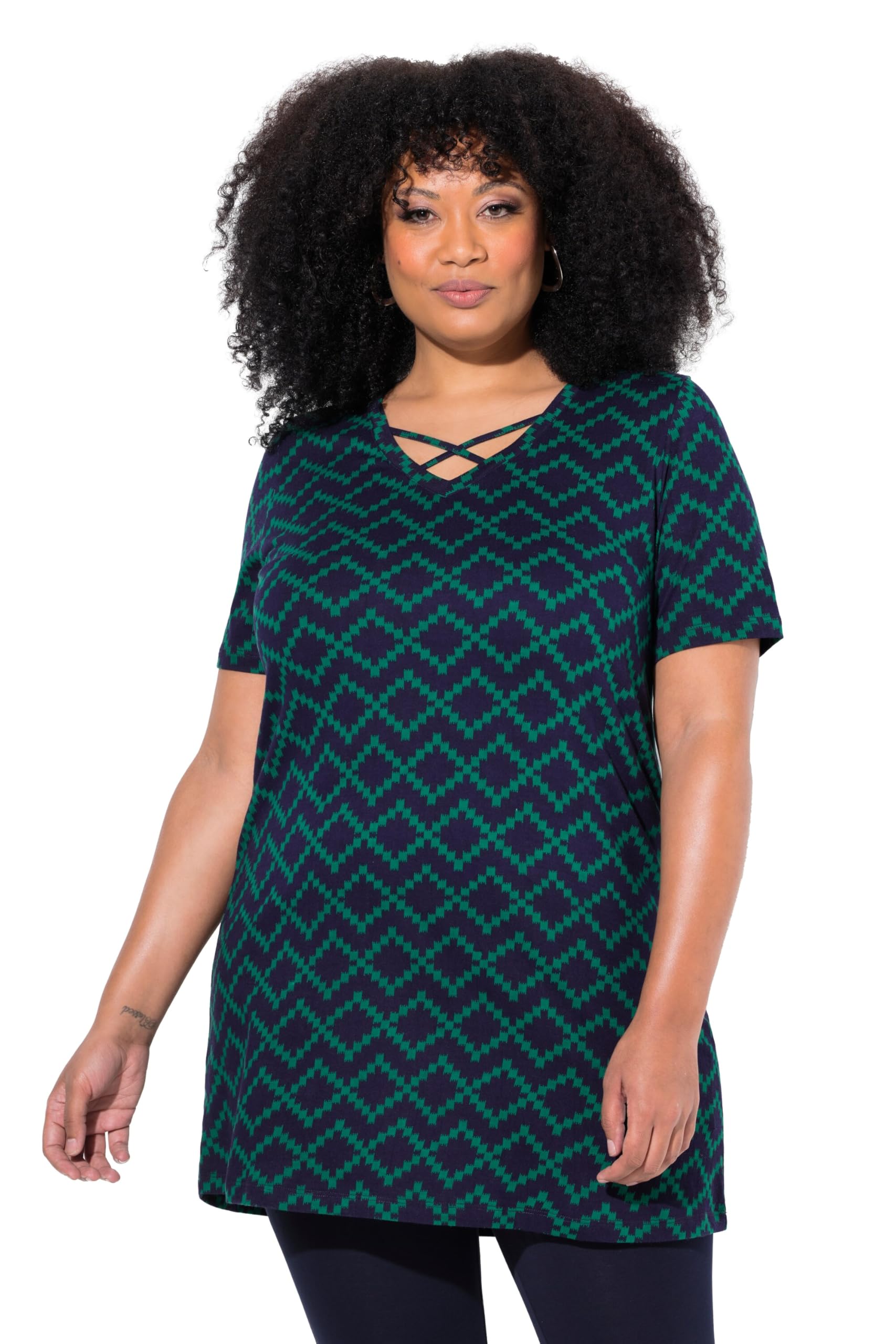 Ulla Popken Damen große Größen Übergrößen Plus Size Longshirt, Zierbänder, A-Linie, V-Ausschnitt, Halbarm 837120