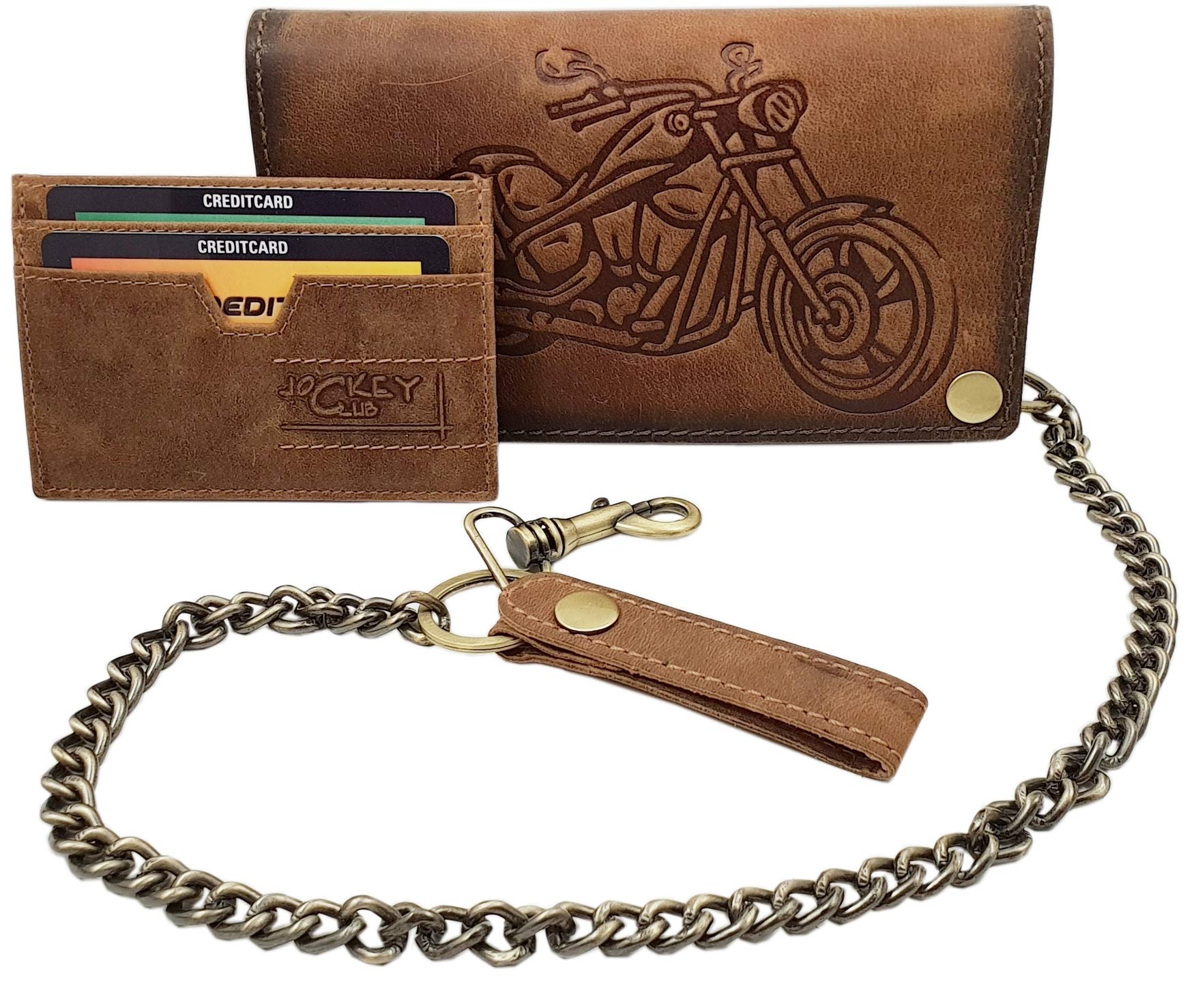 myledershop Cuir de Buffle Motard Porte-Monnaie avec chaîne en métal et Amovible Porte-Cartes avec Moto Motif avec Blocage RFID et NFC (Marron)