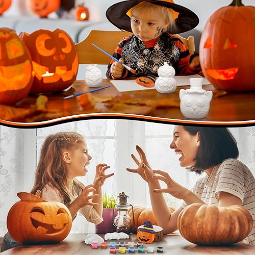 Miniatura 6 de Leyndo Juego de 12 piezas de cerámica de Halloween para pintar DIY kits de pintura con calabaza sin pintar, cráneo, murciélago, sombrero de bruja