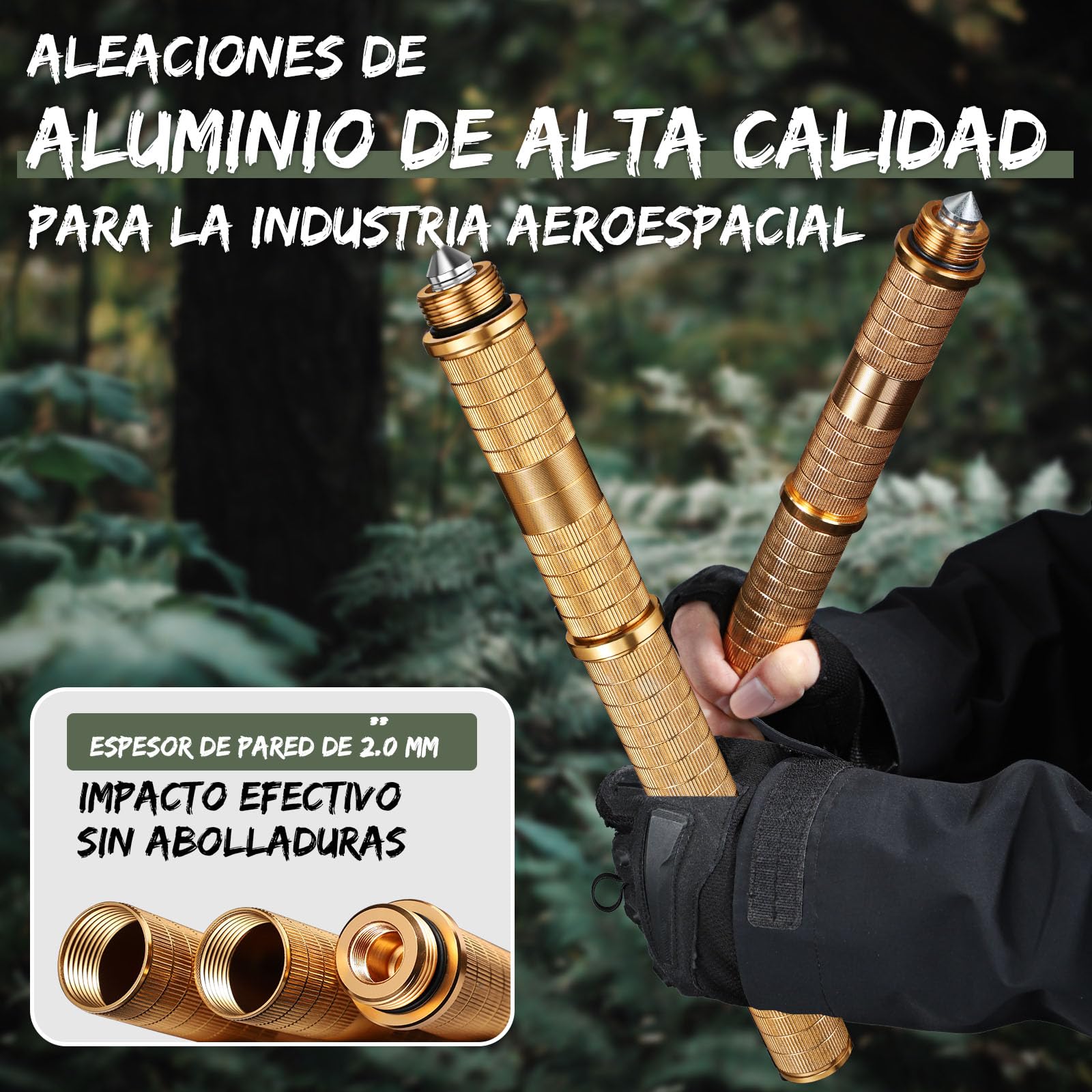 Japaknives Cuchillo de supervivencia exterior 5 en 1 fijo desmontable de acero D2 con silbato rompecristales para camping hombres dorado