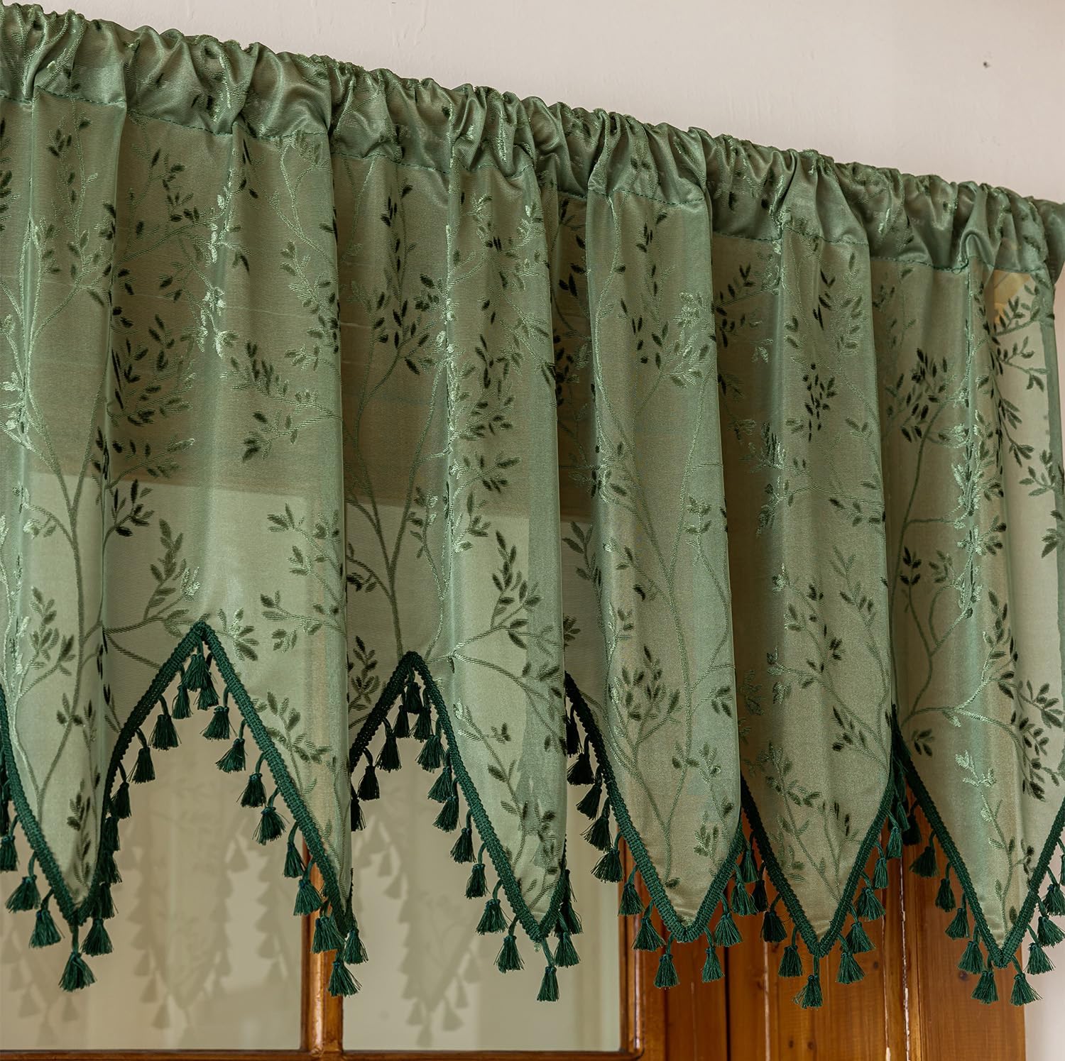 ABREEZE American Style Floral Tier Curtain Valance with Tassels - 140x60cm (55"x24") Rod Pocket Window Top Treatment for Kitchen, Bedroom, Bathroom Decor，Dark Green, 1 Panel