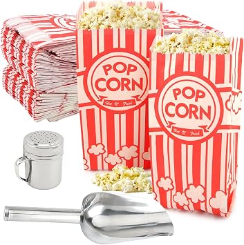 Popcorn Bags Kit, 200 Red Bags with Scoop and Salt Shaker, 1 oz Serving Set