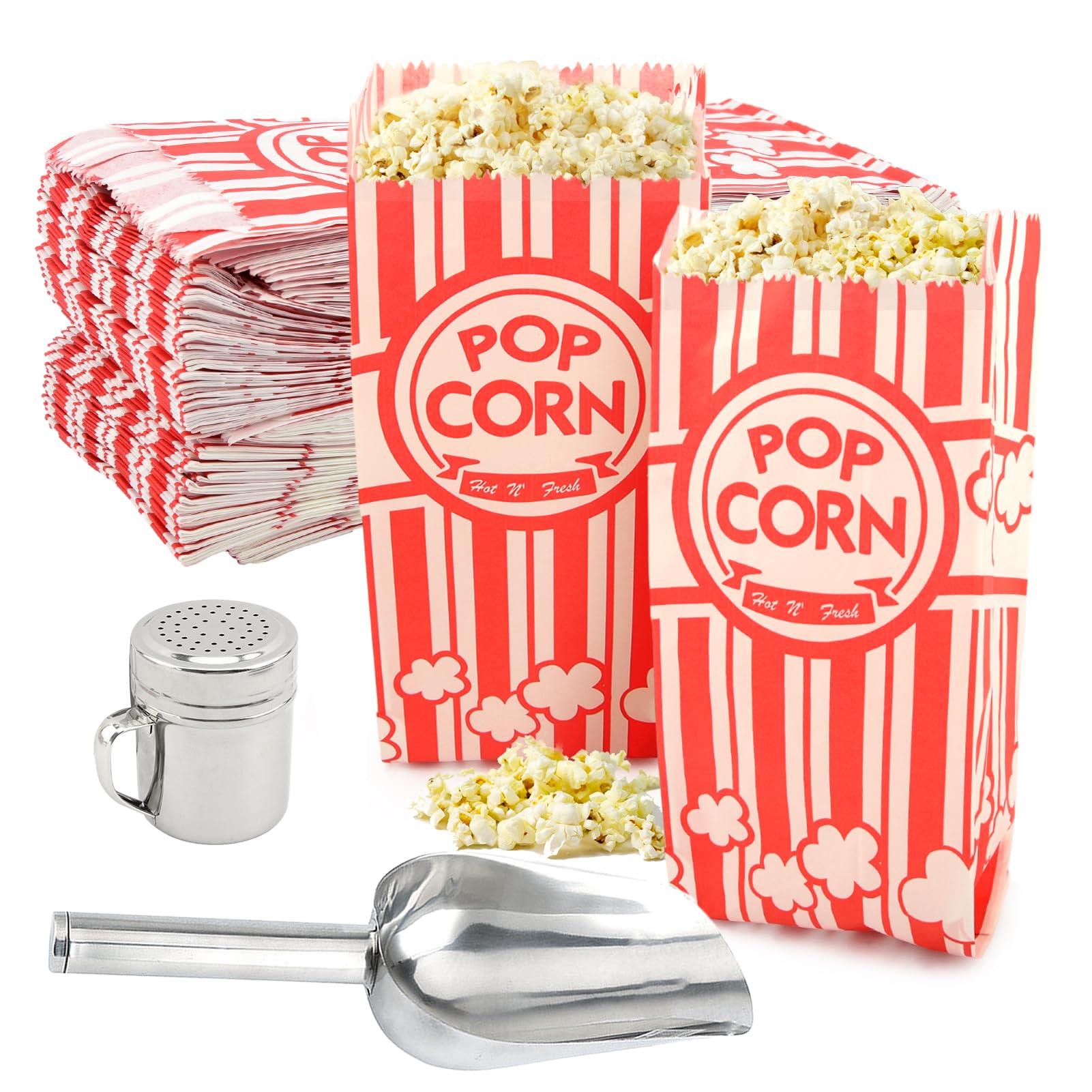 HKZTUY 203 PCS Popcorn Machine Supplies Set, 200 PCS Popcorn Paper Bags with Popcorn Scoop, 2PCS Season Salt Shaker, Popcorn Supplies for Popcorn Machine(Silver)-image-26