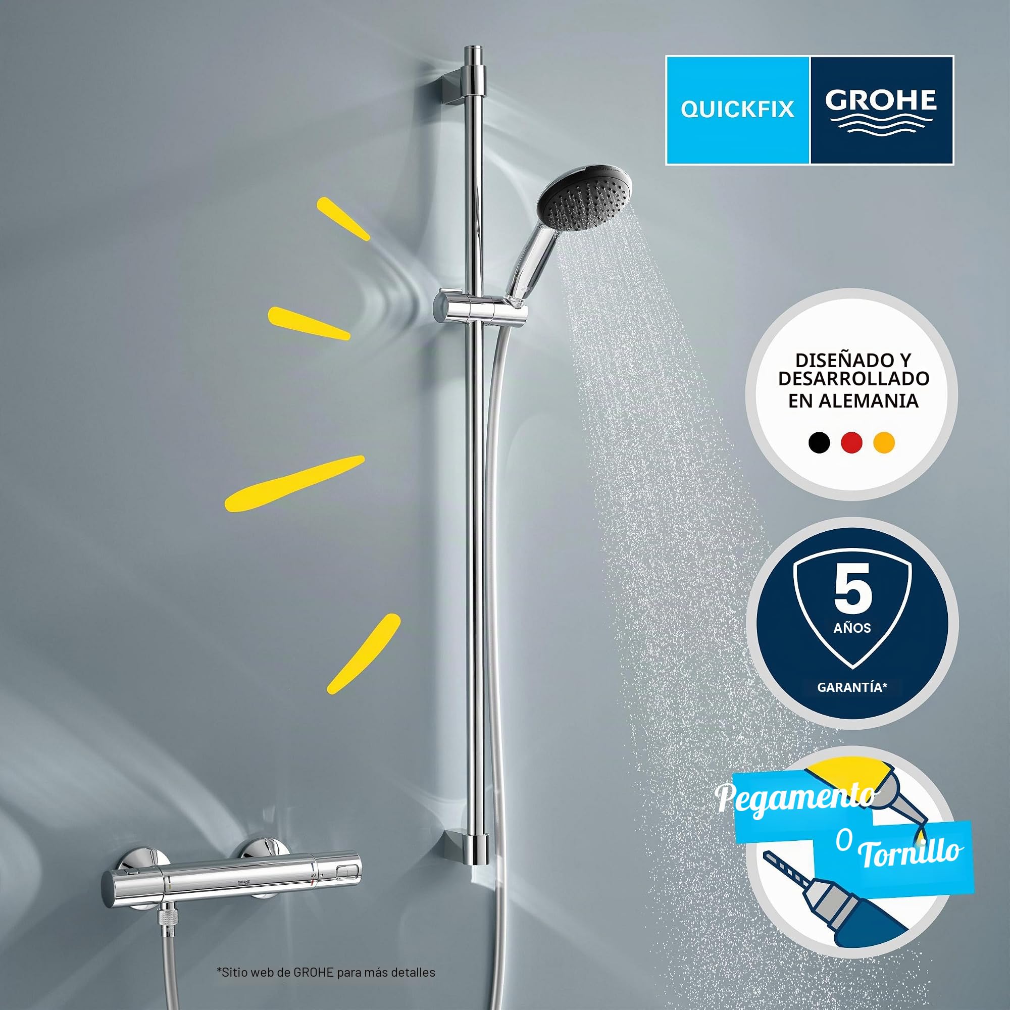 GROHE Precision Start Conjunto de barra de ducha con termostato, 3 tipos de chorro, barra de ducha de 900 mm, incluye herramientas de instalación, cromo 34854001