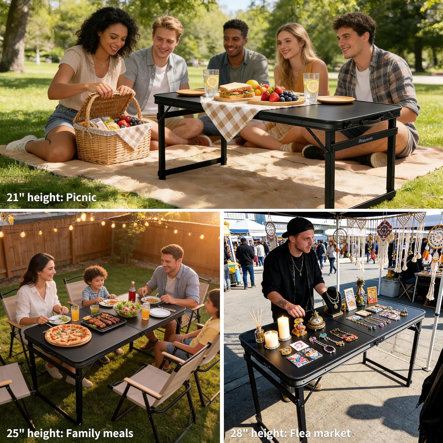 4FT x 2FT Folding Camping Table Adjustable Height with Umbrella Hole, Aluminum Alloy Legs Foldable Portable Outdoor Table for Picnic, Travel, Parties, Kids Craft, Market Vendor Use