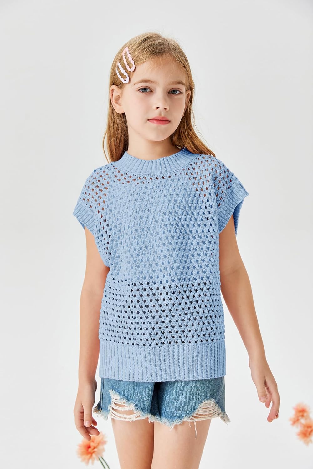 Haloumoning Girls Short Sleeve T Shirt Crewneck Knit Crop Top Hollow Out Pullovers Sweater 5-14 Years - Image 3