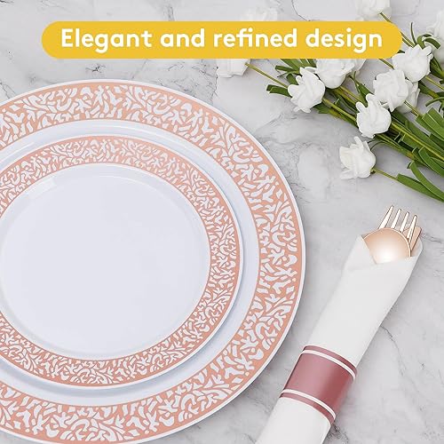 Miniatura 3 de Goodluck 350 Piece Rose Gold Plastic Dinnerware Set for 50 Guests, Disposable Lace Plates for Party, Include 50 Rose Gold Party Plates, 50 Dessert
