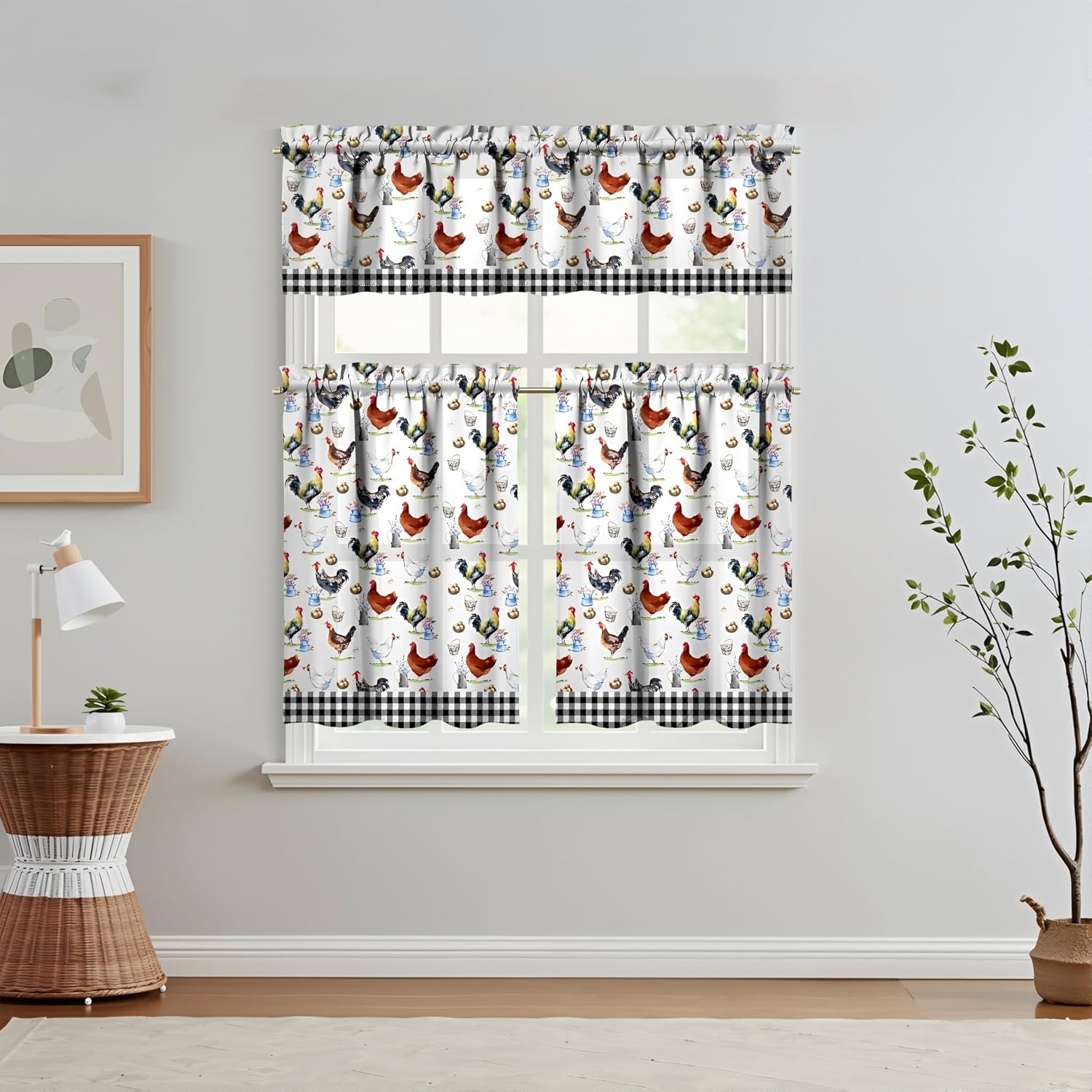3 Piece Chicken Kitchen Curtains and Valances Set for Windows Rooster Kitchen Window Curtains Over Sink Decor 27.5x36 in