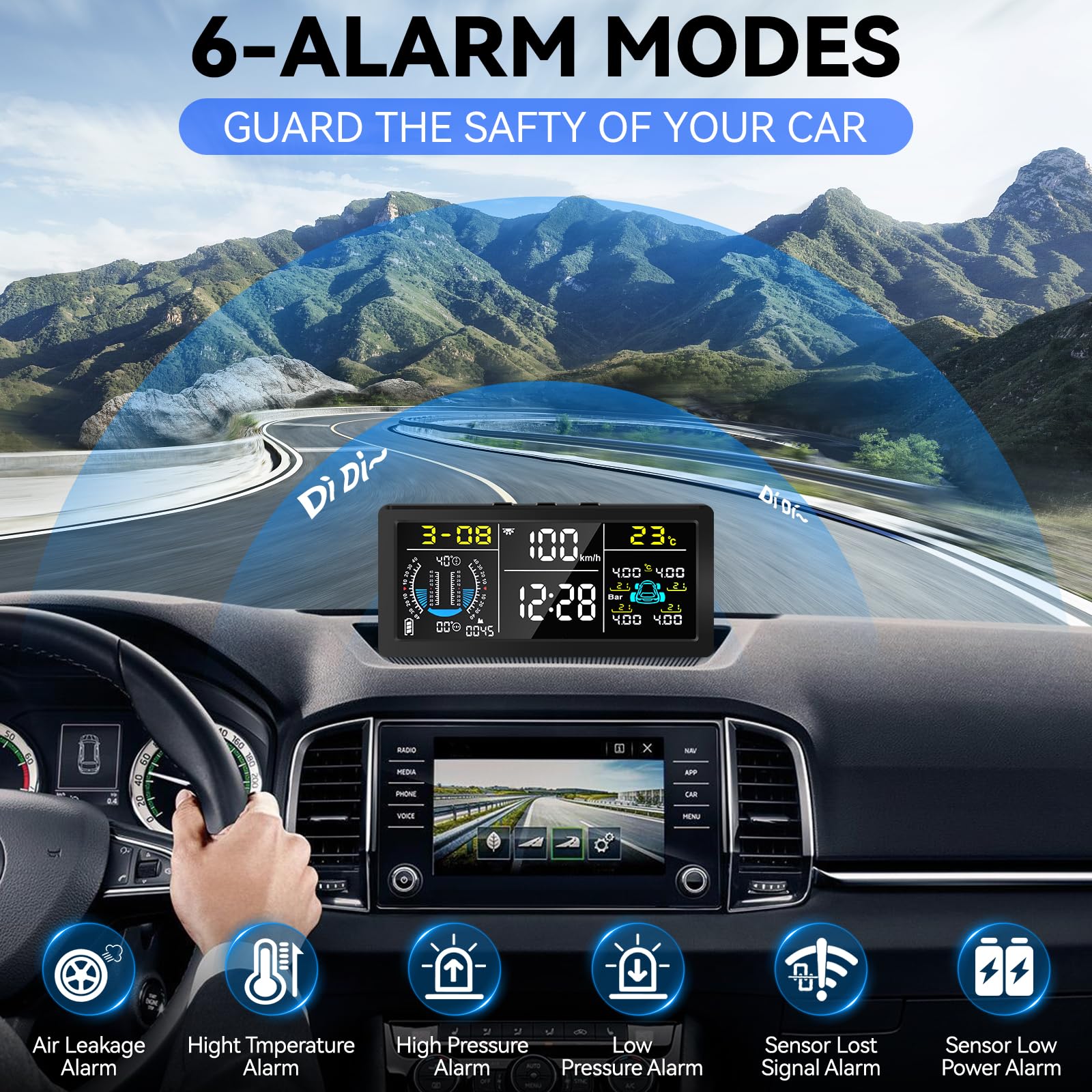 TPMS Reifendruckkontrollsystem 0–199 psi mit 4 Drahtlose Sensoren | TPMS mit Anzeige von Steigung, Geschwindigkeit, Höhe, Zeit,6 Alarmmodi, Solarbetriebenes Drahtloses Reifendruckkontrollsystem