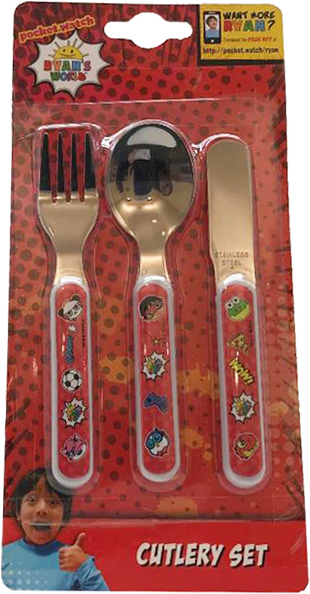 Ryans World 3 Piece Cutlery Set – Metal, Reusable Children's Knife, Fork & Spoon, Kids-Size, Made from Food-Safe Stainless Steel & ABS Plastic – Red Titan, Gus and Combo Panda – for 12 Months & Up