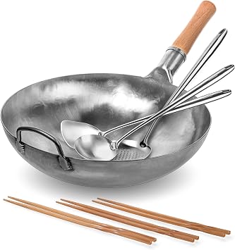 YOSUKATA Silver Round Bottom Pan Stir Fry Pans For Cooking - Chinese Hammered Pow + 17" Wok Spatula and Ladle Skimmer Spoon + Reusable Natural Wooden Long Cooking Chopsticks Set of 3 pairs