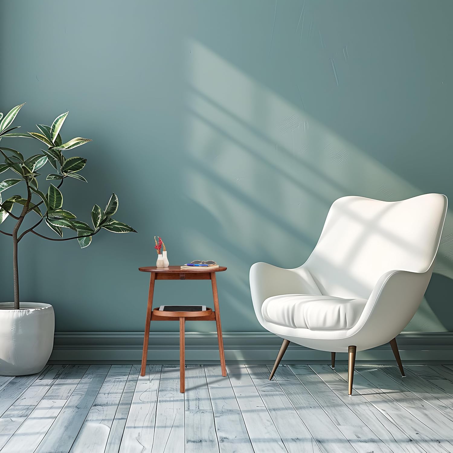 Relaxdays 2-Tier Round Bamboo Side Table next to a white armchair in a room with a light blue wall