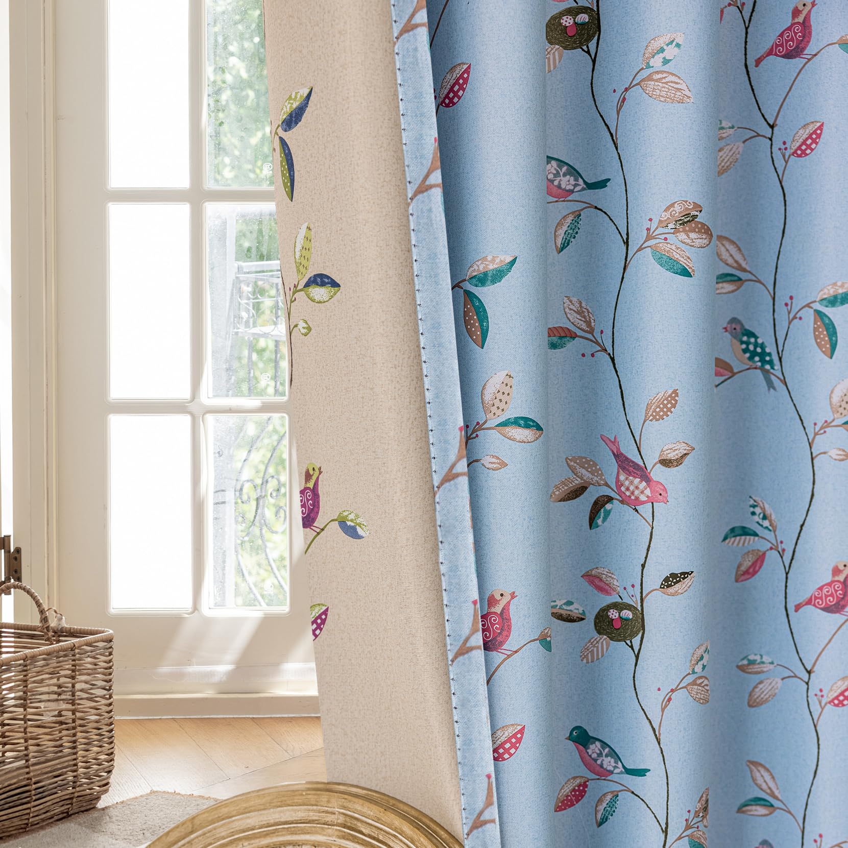 SUOUO Double Sided Birds and Floral Pattern Blackout Curtains 96 inches Long for Living Room Farmhouse Window Drapes for Bedroom 2 Panels Blue and