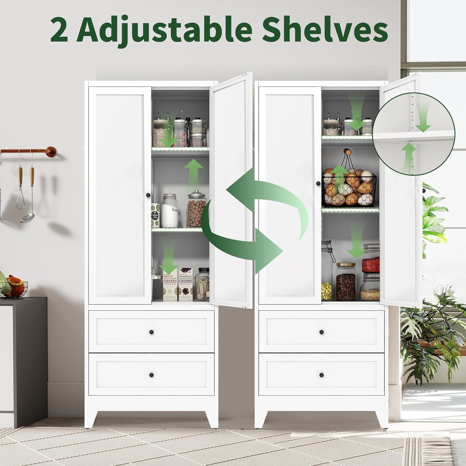 72" Tall Kitchen Pantry Cabinet,White Metal Pantry Cabinet with 2 Drawers & 2 Adjustable Shelves,Utility Storage Cabinet for Living Room,Garage,Basement