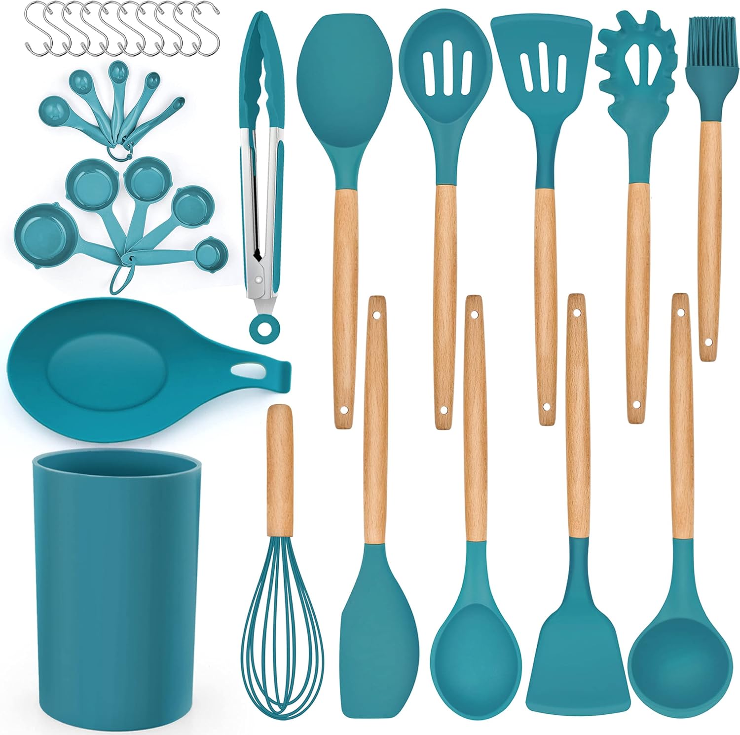 LIANYU 33-Piece Silicone Kitchen Cooking Utensils Set with Holder, Wooden Handle Heat Resistant Cookware Utensils Set, Non-Stick Kitchen Tools for Baking Cooking, Dark Blue: Home & Kitchen