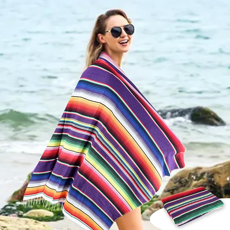 Happysnow Mexikói Pamut Asztalterítő - Lila Csíkos Többfunkciós Takaró Esküvői Dekorációhoz, Jóga Alátétnek, 150 x 200 cm, Kézzel Mosható
