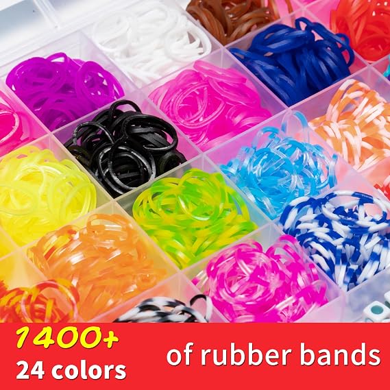 XKDOUS 24 Colors Rubber Band Bracelet Kit, Rubberband Bracelet Making Kit | 1400+ Rubber Bands with Case for Kids Ages 6+, DIY Jewelry Bracelet for Art & Craft, Ideal Gift Choice for Birthday & Holiday