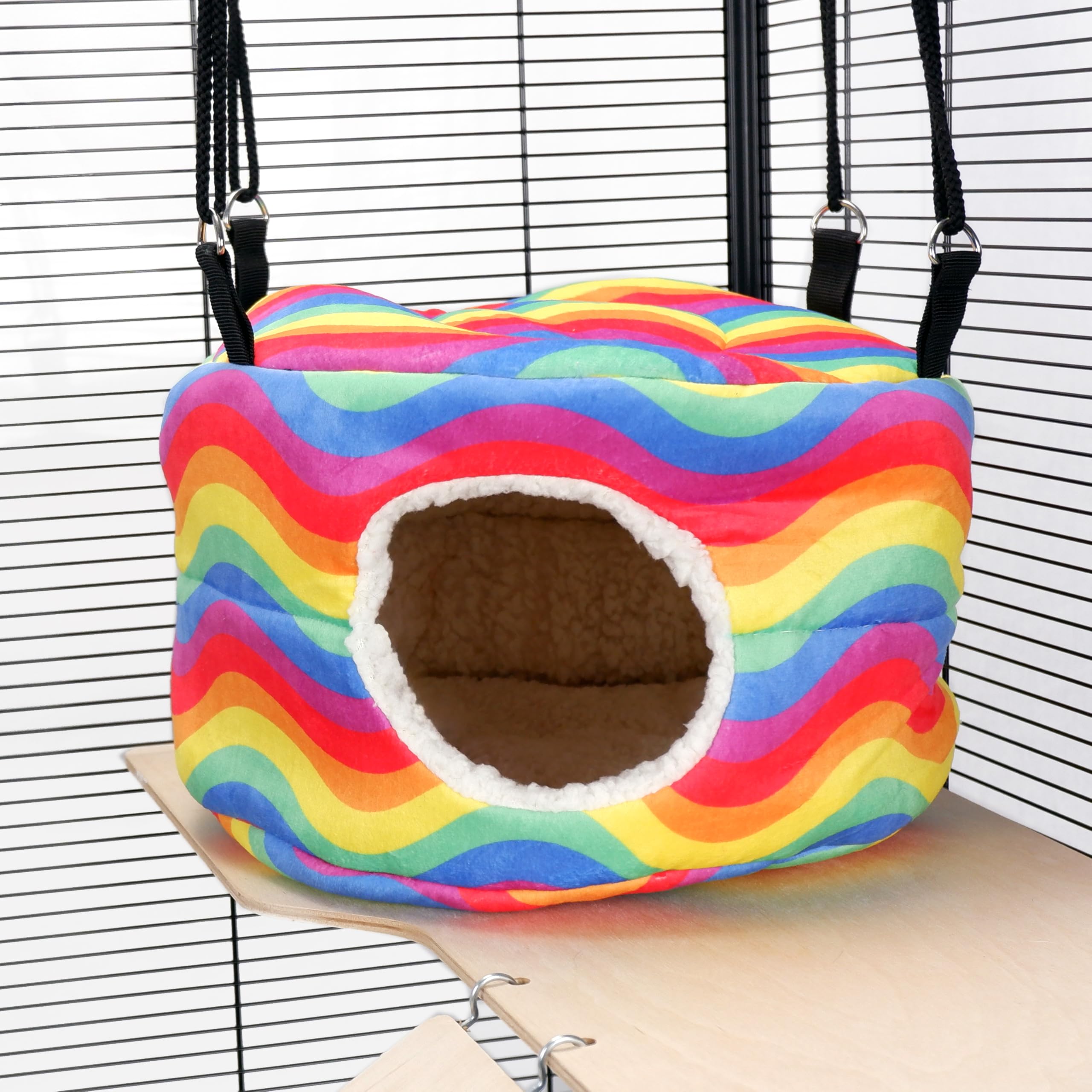 Little Friends HUGE Rodent-Hive Hammock Toy for Rats, Ferrets, Chinchillas – Soft Hanging Cave Bed – 30 x 30 x 25 cm - Rainbow Waves