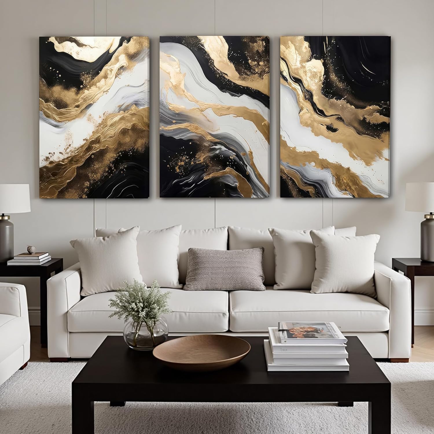 Palette Dreams 3 Piece Framed Black And White Abstract Canvas Wall Art, Black Gold Canvas Black Marble Picture Wall Decor, Modern Gold Foil Art Poster Print for Living Room Bedroom Bathroom 24x36 Inch