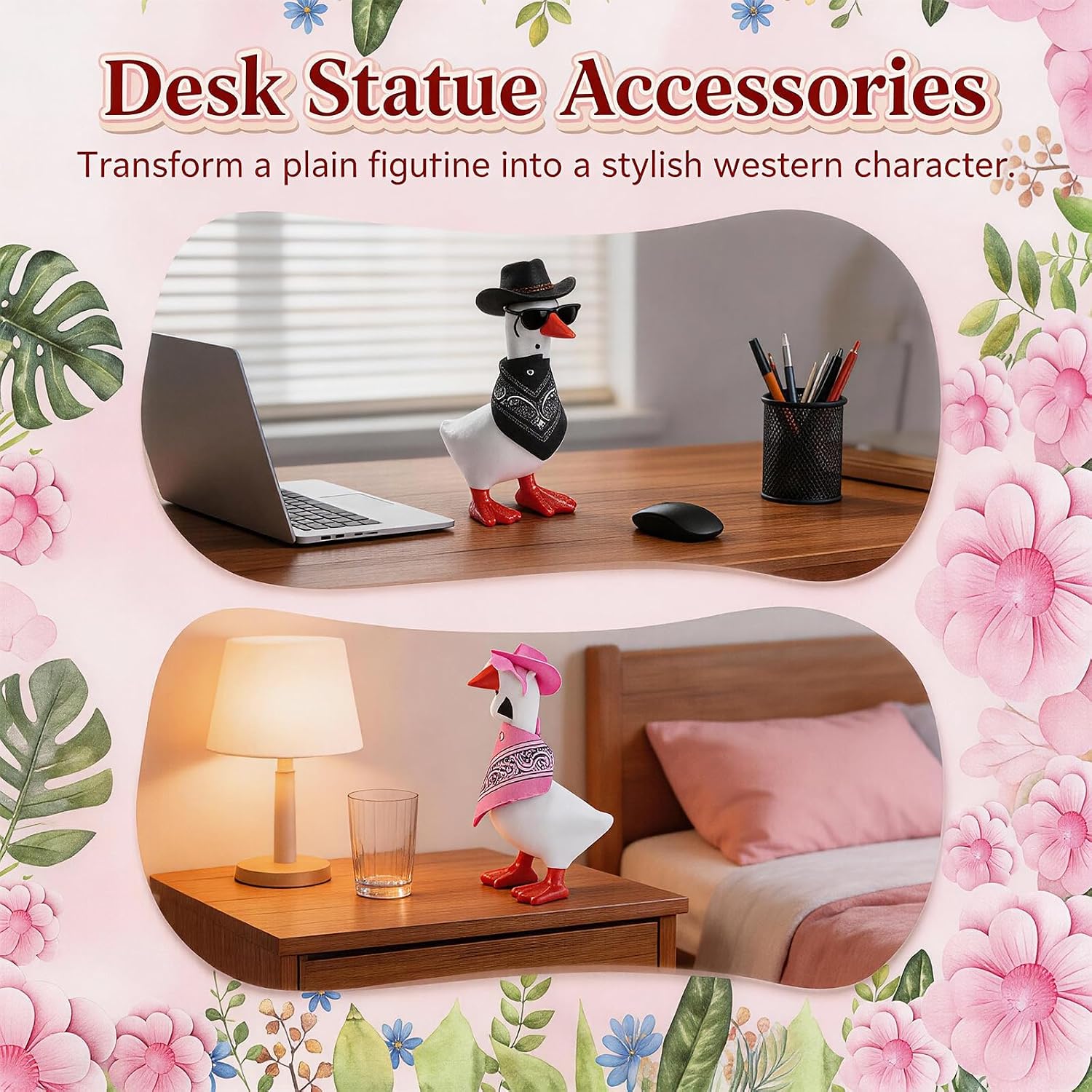 2 Set Desk Goose Outfits, Western Cowboy Style for 7'' Mini Desk Goose, Suitable for Home Decor and Collector Display(Black+Pink) image 5