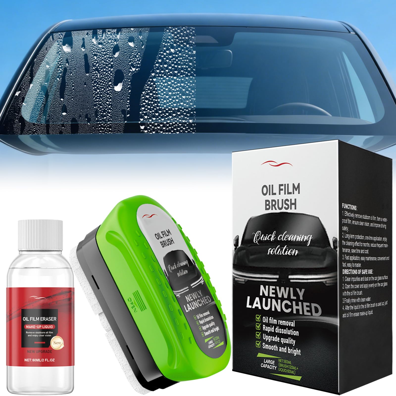 Nettoyant Vitre Voiture, Éliminateur de Film d'Huile Pare-Brise 120ml avec Brosse & Flacons de Recharge 60ml, Nettoyant Pare-Brise Voiture, Vision Claire Sans Traces