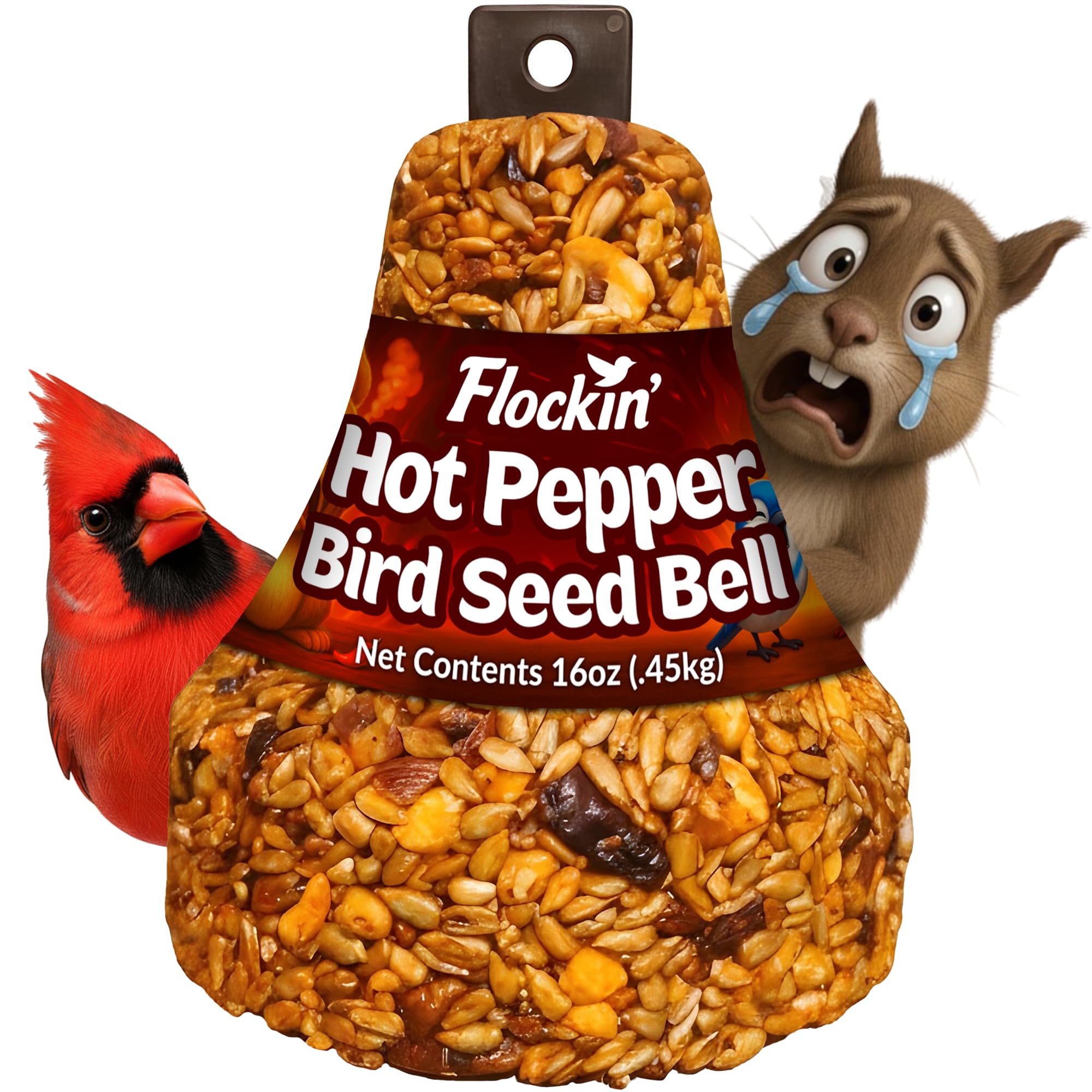 Hot Pepper Bird Seed Bell – Squirrel Proof Spicy Bird Seed Treat – Attracts Cardinals, Woodpeckers, Blue Jays, Chickadees & Songbirds – Long Lasting Hot Birdseed, All Natural, No Filler – USA Made