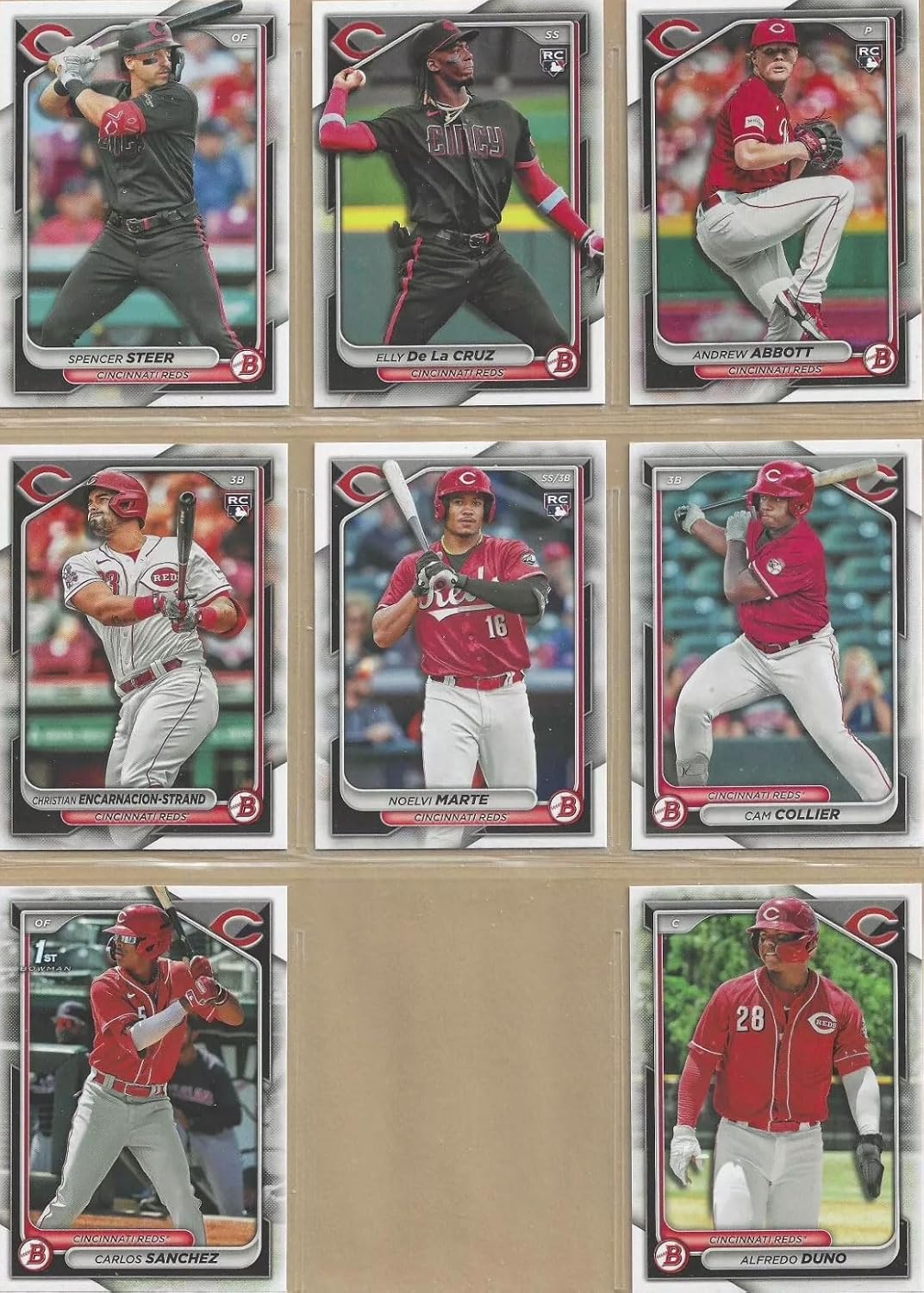 Reds 2024 Bowman 8 Card Team Set Made by Topps Featuring Rookie Cards of Elly De La Cruz, Noelvi Marte, Christian Encarnacion-Strand and Andrew Abbott Thumbnail