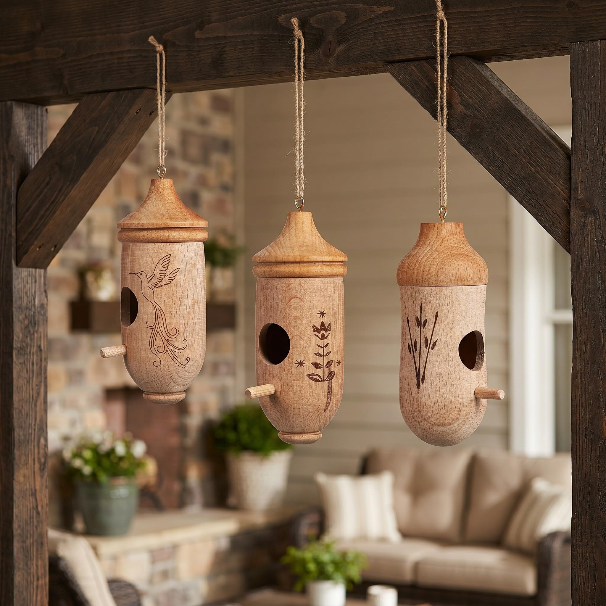 Operitacx 6 Casitas de Madera Natural para colibríes, para Colgar en el Exterior | Casitas rústicas de Madera para anidar pájaros al Aire Libre | Adorno de para jardín