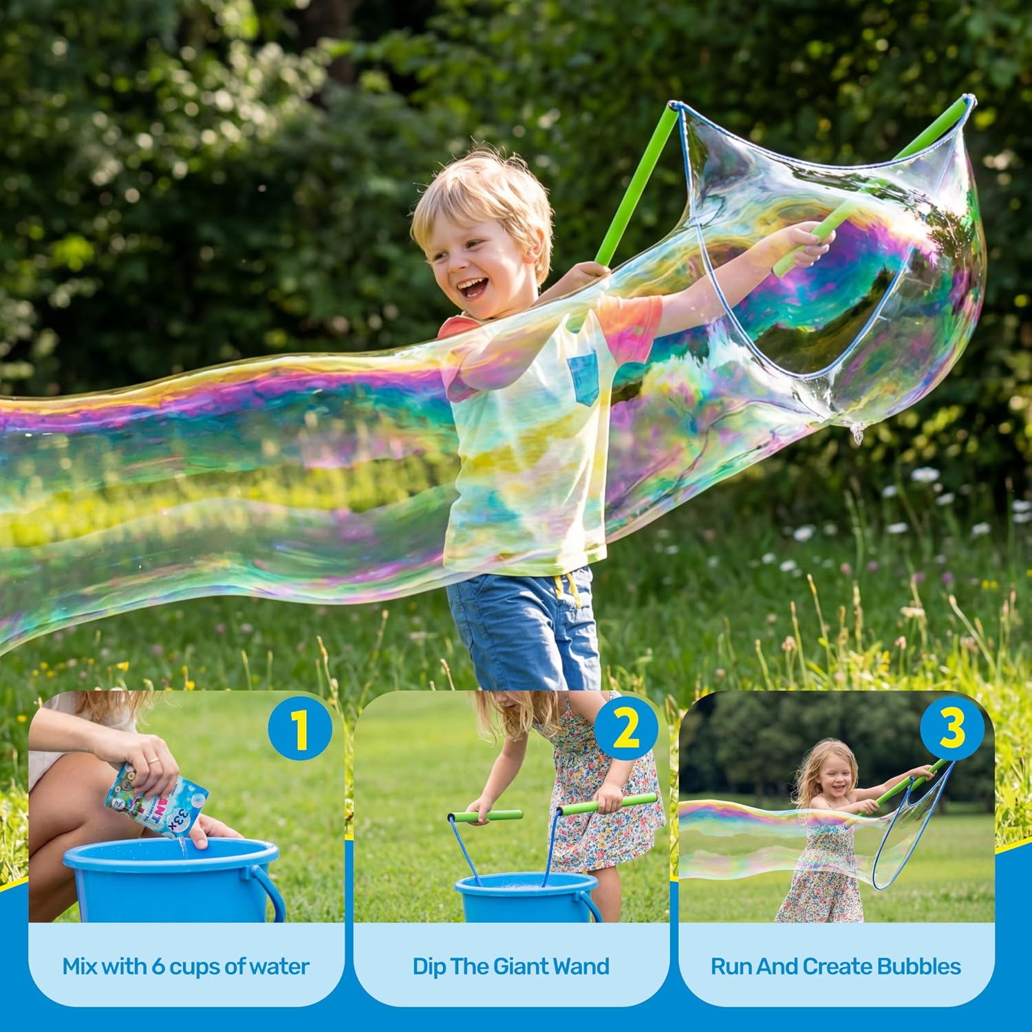 SYNCFUN 4 Pcs Giant Bubble Wand, 1 Big Bubble Wand Set with 3 Packs 33X Super Concentrate Solution, Giant Bubbles Maker for Kids Summer Outdoor Toy Game Activity Birthday Party Favors