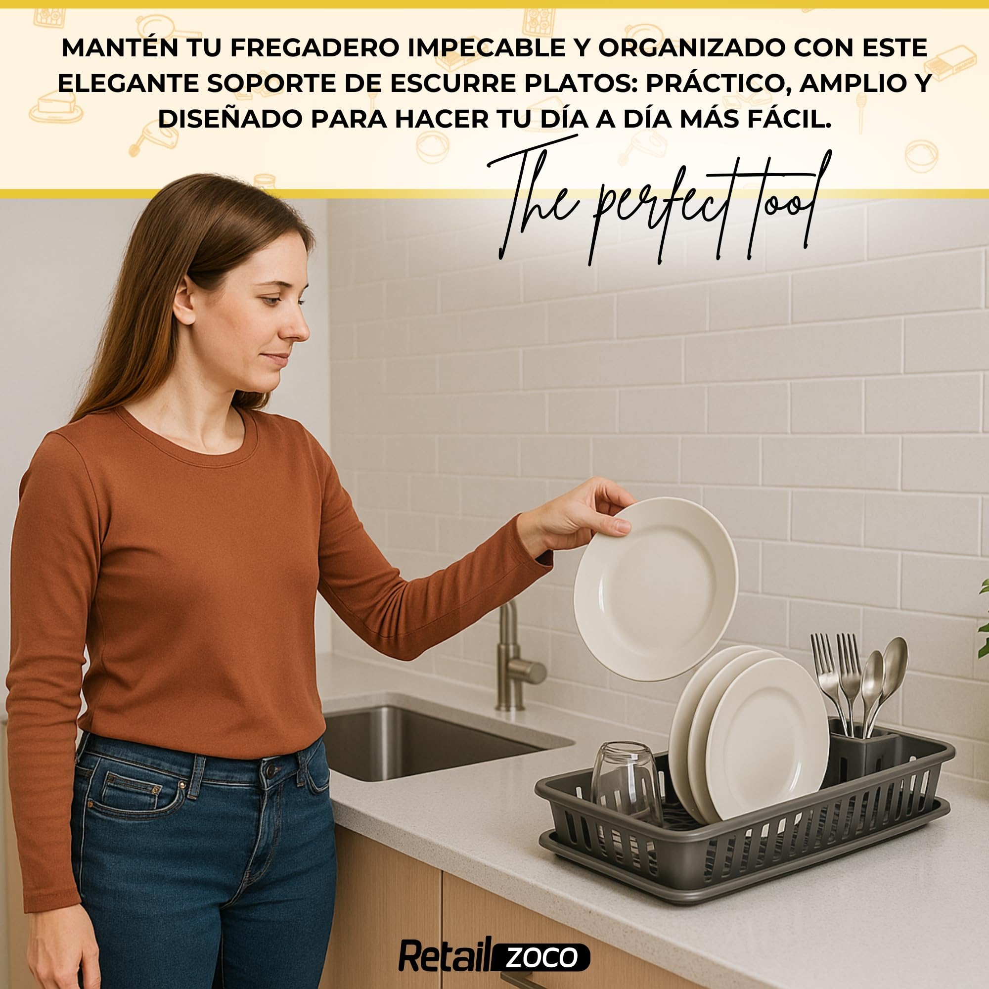 CHEFZOCO Escurreplato de plástico, Escurridor de Platos, Escurridor Fregadero de 2 módulos, con Bandeja Anti-Goteo, 45 cm de Ancho x 29.7 cm de Fondo x 8 cm de Altura, Gris