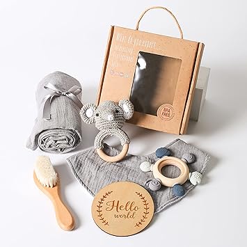 YOUUYS Baby Gift Set for Newborn - Baby Essential Bath Basket Gift Set with Baby Blanket Baby Rattle Teether Toy & Hair Brush Newborn Shower Gift for Baby Girls Boys 6PCS Elephant
