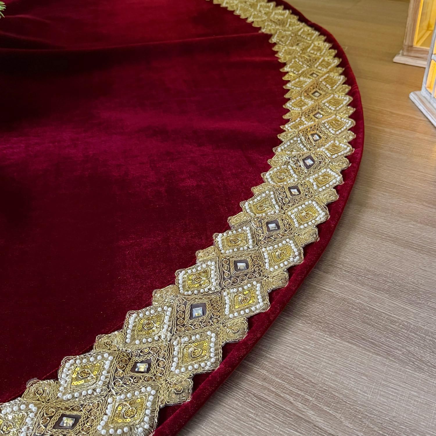 84-Inch Venetian Gilded Velvet Christmas Tree Skirt with Gold Embellished Border, Foam-Padded, Button Closure, Burgundy