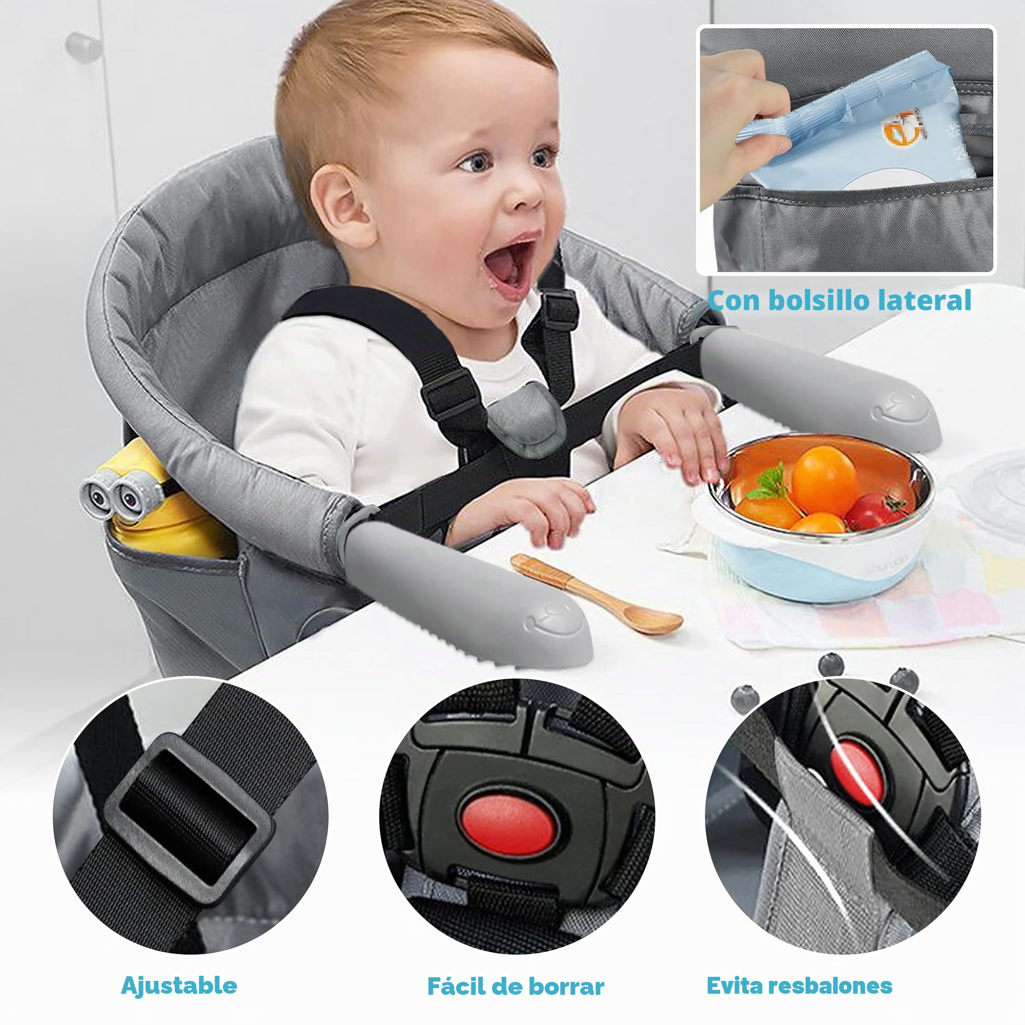 Silla Alta para Bebé, Bebe Asiento de Mesa Portátil con Bolsa de Transporte, Elevador de Silla para Mesa, Seguridad Silla Plegable, Ideal para Hogar y Viajar.