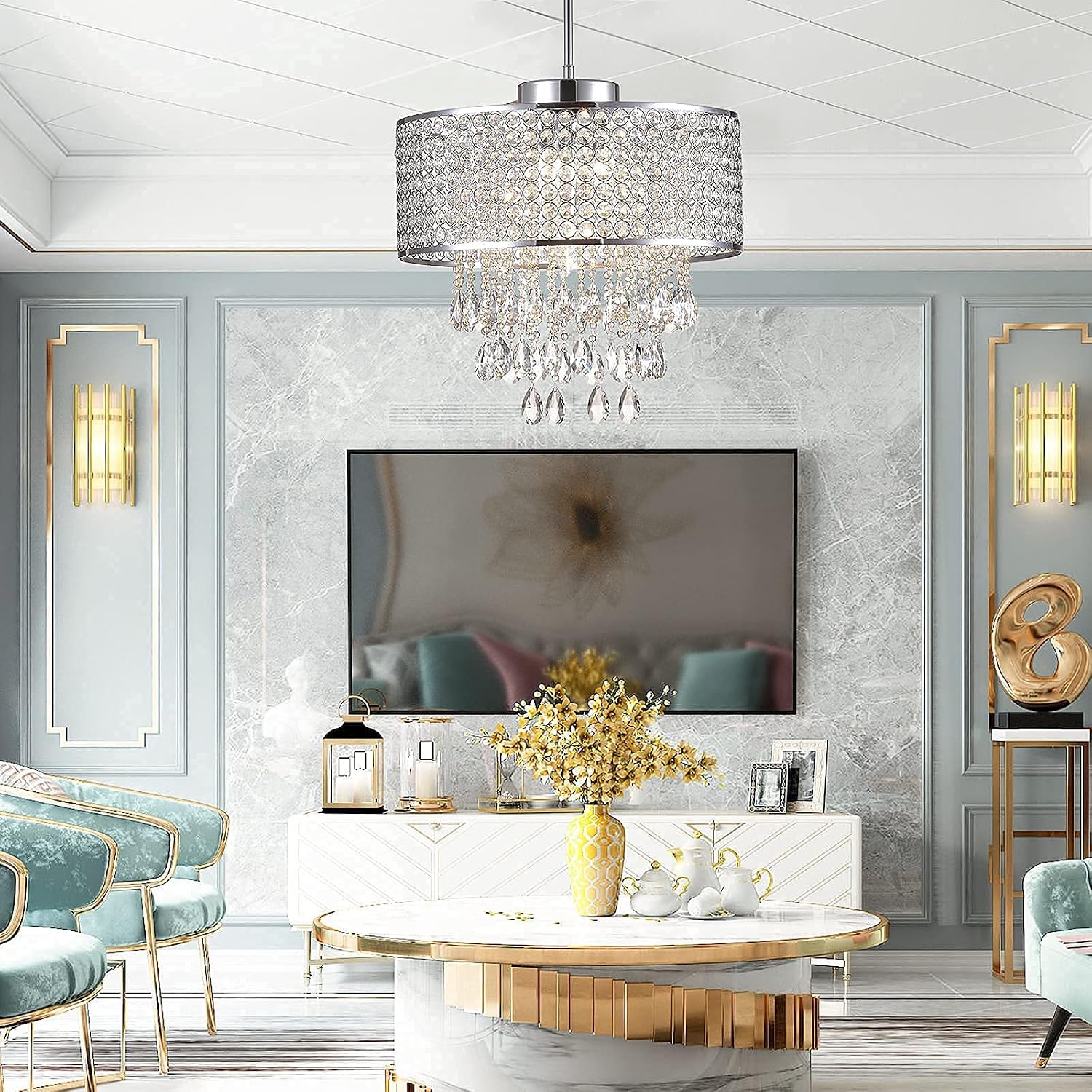 Maxax Round Raindrop Crystal Chandelier, 5 Lights Beaded Drum Ceiling Lighting, Adjustable Hanging Pendant Light for Bedroom, Dining Room, Living Room, Kitchen, Chrome