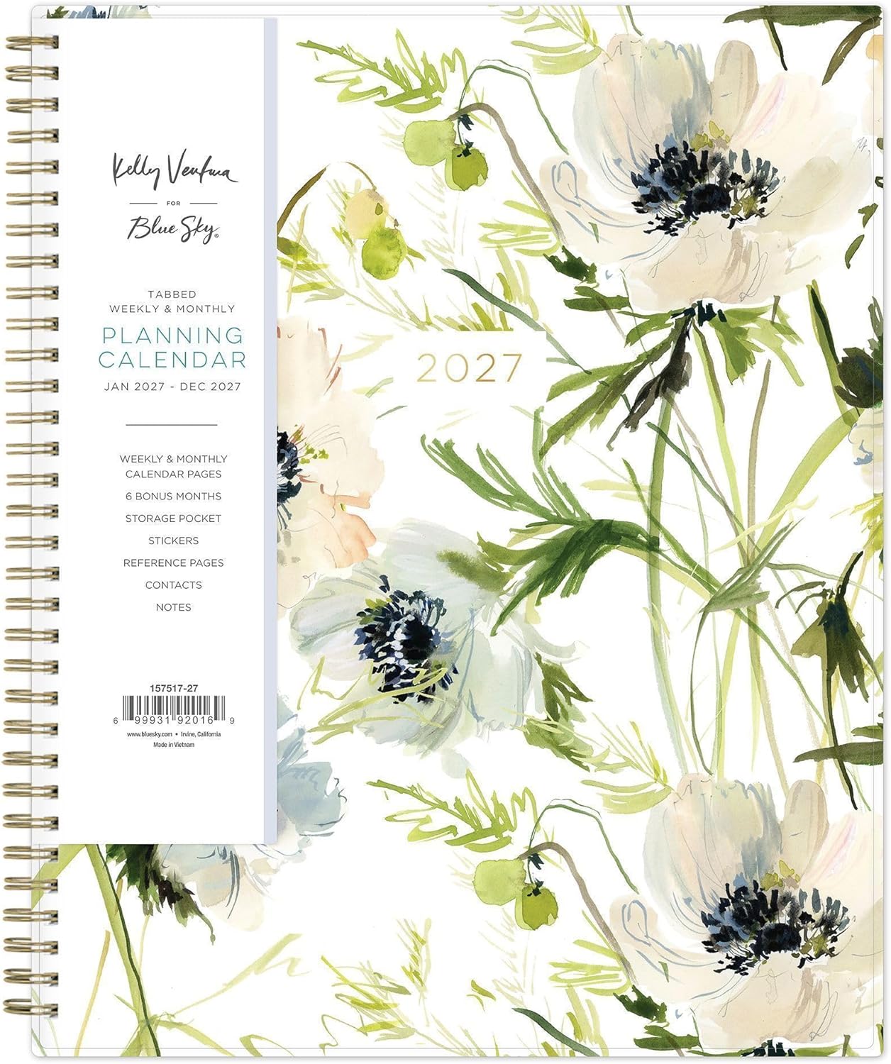 Blue Sky Kelly Ventura 2027 Weekly and Monthly Planner Calendar, January 2027 - December 2027, 8.5" x 11", Flexible Cover, Laminated Tabs, Durable Twin Wire Binding, Storage Pocket, Includes Sticker Sheet, Anemones