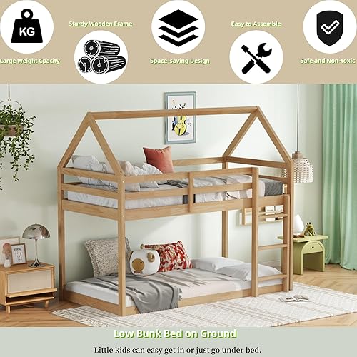 Miniatura 139 de Litera baja individual sobre individual, base de cama de madera maciza con escalera y barandillas de seguridad, literas individuales para niños y