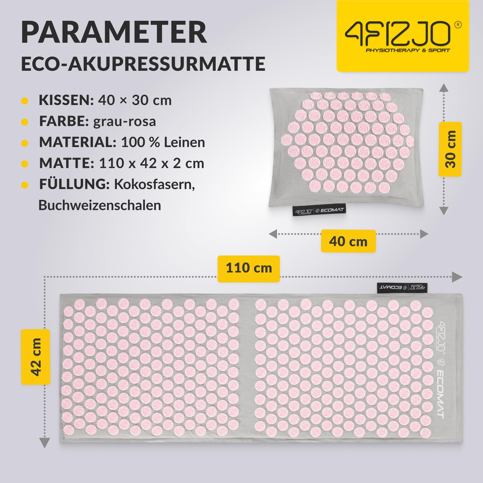4FIZJO Akupressurmatte & Kissen ECO XL, 110x42x2 cm, mit Tragetasche, Umweltfreundliche Materialien, 9750 Stacheln, Massagematte für bessere Durchblutung, Muskeln Entspannung, Farbe: Grau und Rosa