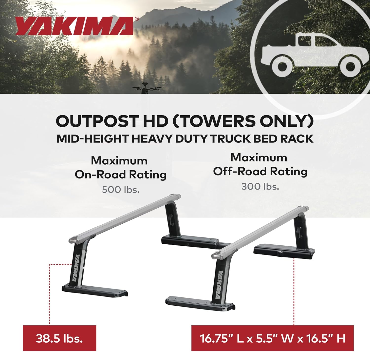 Yakima Truck Bed Rack, Fixed Mid Height Heavy Duty Towers, Outpost HD (Towers Only)